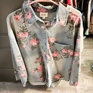 BiBi Pink Floral Light Blue Denim Shirt/Shacket